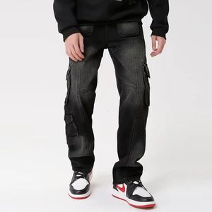 Mens Jeans Y2K Streetwear Múltiplos Bolsos Preto Baggy Cargo Calças Homens Roupas Reta Hip Hop Velho Calças Longas Ropa Hombre 231204