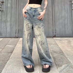 Jeans da donna Inizio autunno Vita alta Slim cercando sciolto Stampa graffiti sexy 2023 Pantaloni dritti casual minimalisti di tendenza stile americano