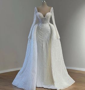 Duas peças vestido de casamento branco 2024 com trem destacável querida mangas compridas pérolas lantejoulas vestidos formais de noiva novo design vestidos de novia