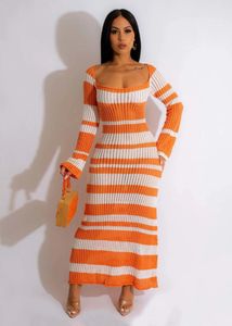 Casual Dresses Women Fashion Knitted Flare Dress Sequare Neck Sleeve Hollow Out Maxi Beach Striped Knit