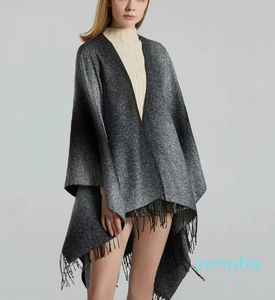 Halsdukar Autumn Winter Solid Color Gradient Tassel Imitation Cashmere Warm Women Shawl Scarf Lady Poncho Capes Grey