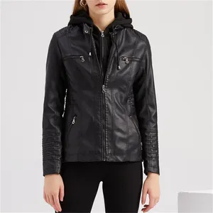 Kvinnorjackor Slim Fashion Hooded Leather Coat Women Spring Autumn Motorcykel High Street Double Zipper Clothing Plus Size 3XL-7XL