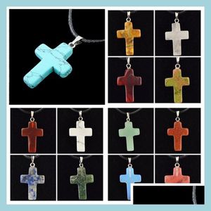 Pendant Necklaces Pretty Cross Leather Necklace Jewelry Healing Crystals Rope Necklaces Natural Stone Pendants Wholesale Drop Delivery Dh3Ci