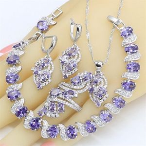 Zestawy biżuterii w Dubaju dla kobiet Wedding Purple Amethyst Naszyjnik Wisiorek Pierścień Bransoletka Podarunek 220725249p