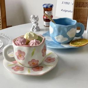 Mugs Japanese Hand Painted The Blue Sky and White Clouds Coffee Cup with Saucer Ceramic Handmade Tea Cup Saucer Set Cute Gift for Her 231204