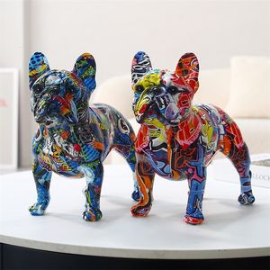 Decorative Objects Colorful Standing Graffiti Bulldog Statue Water Transfer Printing Resin Dog Crafts Home Wine Cabinet Office Desktop Decoration 231204