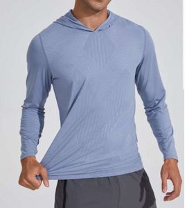 LU LU L Camicia da uomo con cappuccio ad asciugatura rapida con maniche lunghe da allenamento per corsa, magliette a compressione traspirante, top da equitazione, abbigliamento casual di marca