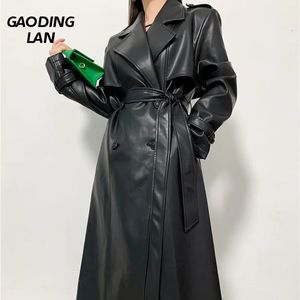 Damen-Trenchmäntel, modisch, langärmelig, PU-Trenchmäntel, langer Mantel, Vintage-Leder-Windjacke, Oberbekleidung, Herbst-Winter, Gürteljacken 231204