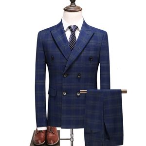 Men's Suits Blazers Fashion Men Double Breasted Plaid Suit Coat Pants 2 Pcs Set / Male Slim Fit Business Wedding Blazers Jacket Trousers 231205