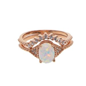 Bröllopsringar Rose Gold Color Creative Rings 2st/set Stackbar tvådelar Set Opal CZ Rings Trendy Jewelry Women Engagement Rings 925 Silver 231205