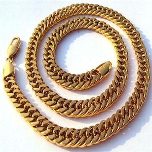 Ädla mäns 100% riktiga 24k gula fasta guld smycken halsbandskedja bred 11mm 23 6 tum nickel inte allergisk inte lätt T269H