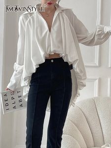 Women's Blouses Shirts TWOTYLE White Casual Irregular Hem Shirt For Women V Neck Long Sleeve Solid Asymmetrical Female Autumn Clothing 231204