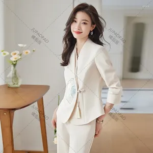 Kvinnors tvåbitar Pants Beauticist's Work Clothes Office Ladies Set Womens Brodery Single Breasted Blazer Solid Loose Suits