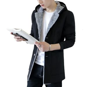 Jaquetas masculinas moda masculina quente jaqueta com capuz 2023 inverno mentrench casaco mais veludo espessamento fino ajuste lã sobretudo trincheira 231205