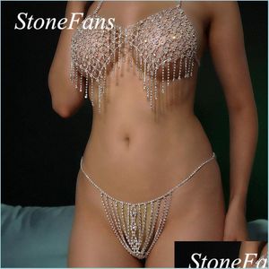 Inne zestawy biżuterii Stonefans Colorf Crystal Bralette Biełd łańcuch nadwozia dla kobiet y Bling Rhinestone Bra i Thong Party Dhwdv