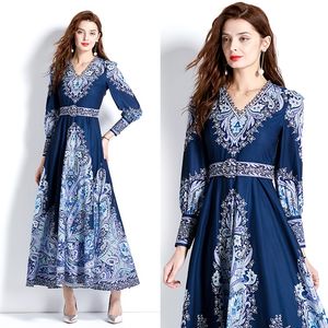 Vintage elegante Passform Party Boho Maxikleid Paisley Floral Frau Designer V-Ausschnitt schmaler Gürtel blau Urlaub lose große Swing-Kleider Robe 2023 Frühling Herbst schicke Runway-Kleider