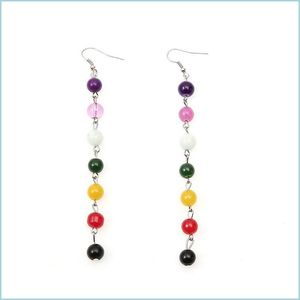 Charm Rainbow Round Natural Stone Earrings 7 Chakra Kvinnor Långt fransade uttalande pärlor örhänge Reiki Healing Smycken Drop Delivery Jew Dhfrk