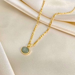 Green Aventurine Jade Round Pendant Figaro Chain Stainless Steel Necklace Earrings Set Vintage Gold Plated Jewelry for Women