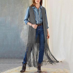 Kamizelki kobiet kamizelka z frędzlami w zachodniej kamizelce Bohemian Fringe z frędzlami detali Hippie Cardigan Patch kieszeni kieszonkowy dla kobiet