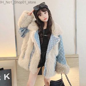 Para baixo casaco de pele de inverno casaco para meninas denim retalhos moda grossa quente solto adolescente crianças jaquetas streetwear casual outerwear 12 13 anos q231205