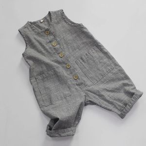 Jumpsuits Baby Boys Girls Overall Sleeveless Linen Cotton Stripe 1-6 Yrs Kids Casual Jumpsuits Overall Korean Style For Summer 231204