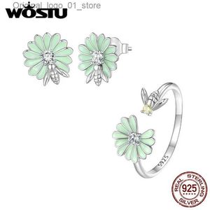 Stud WOSTU Genuine % Sterling Silver Daisy Bee Jewelry Set Enamel Pave CZ Finger Rings Earrings Studs For Women Fine Q231205