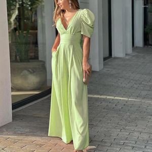 Casual Dresses Women Fashion V-ringen Jumpsuit 2023 Madam High-End Sexig solid färg backless midja typ ihålig bakbubbla ärmar