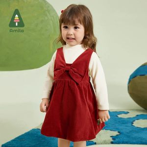 Set di abbigliamento Amila Abito per bambini Autunno Fiocco con nodo Gilet Bocciolo di fiore Gonna calda in velluto a coste per ragazze Maniche lunghe Vestiti per bambini 231204