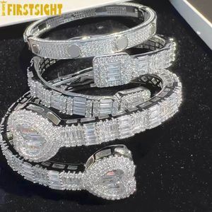 Chain Iced Out Bling Opened CZ Square Charm Bracelet AAA Zircon Rectangle Heart Bangle For Men Women Hiphop Luxury Jewelry 231205