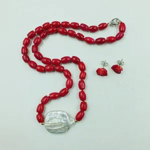 Naszyjniki Ustaw 6 mm naturalny czerwony naszyjnik koralowy. Gigantyczne białe barokowe perły. Ręcznie rzeźbione kolczyki róży. Urocza biżuteria dla kobiet.