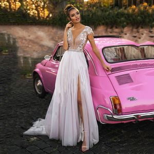 Off-Shoulder Deep V-Neck Wedding Dresses For Bride Glamorous Backless Illusion A-Line Tulle Applique Lace Tassel Made To Order