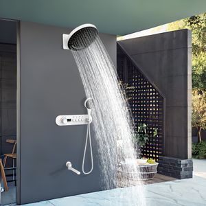 Wall Mount Rain Waterfall Shower System Bathroom Thermostatic Digital Display Shower Set White With Swinging Water Spout