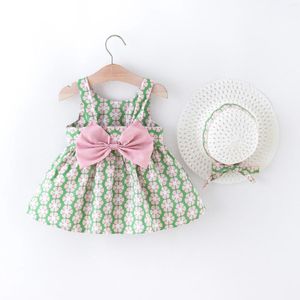 Vestidos para meninas de 0 a 2 anos, roupas infantis de verão, vestido de bebê, gravata borboleta grande, suspensório, chapéu, presente, floral coreano