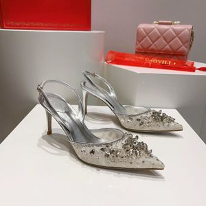 Rene Caovilla Crystal slingback sandal Rhinestone pumps shoes stiletto heels Luxury designer party Wedding Dress Dinner shoes 7.5cm 9.5cm With box