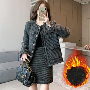 Work Dresses Small Fragrant Bright Silk High-End Thicker Warm Tassels Tweed Women's Jacket Coat High Waist Short Skirts Two Pieces Suit Set