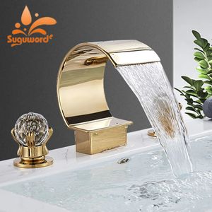 Outras torneiras Chuveiros Accs Suguword Golden Bathroom Basin Sink Torneira Luxo Cristal Dual Handle Três Buracos Deck Montado e Torneira de Água Fria Guindaste 231204