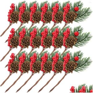 Dekorativa blommor kransar 10/20/30 st Artificial Christmas Berry Tree Pine Branches Xmas Fake Picks Simation Red Navidad Drop Deliver DHQW6