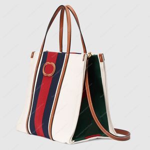 Lyxkvalitet Medium handväska Vit bomull Canvas Läder Trim Män och kvinnor Designer Tygväska Överdimensionerad shoppingväska Singel axel crossbody messenger väska 7735