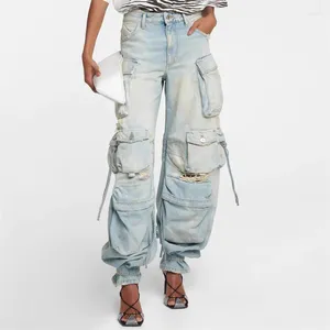 Calças de brim femininas para mulher 2023 outono moda coreana vintage lavagem vários bolsos denim macacão puro algodão buraco calças y2k