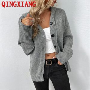 Damenpullover S-XL Noir Blanc Gris Automne Tout At Out Streetwear Femmes Bouton Avant Cardigan Tricots Pull a Manches sulfAvec Chapeau 231205