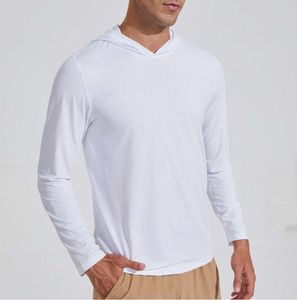 LU LU L Camicia da uomo con cappuccio ad asciugatura rapida con maniche lunghe da allenamento per corsa, magliette a compressione traspirante, abbigliamento di tendenza alla moda