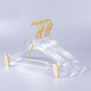 10 datorer Toppklass Clear Acrylic Crystal Clothes Suits Hanger med Gold Hook Transparent Acrylic Pants Hangers With Gold Clips 2012251V