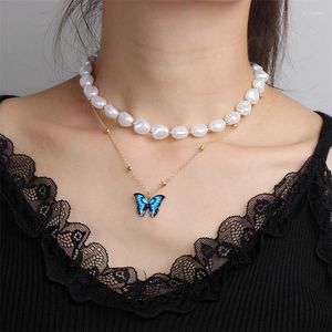 Hänghalsband wesparking emo Multi Layer Chain Fairy Blue Butterfly Halsband Pearl Beads Gold Plated