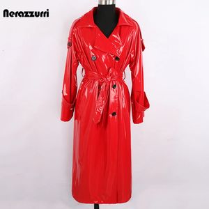 Женские плащи Nerazzurri, осенний длинный красный водонепроницаемый блестящий светоотражающий плащ из лакированной кожи для женщин, двубортный Тренч больших размеров, модный 231204