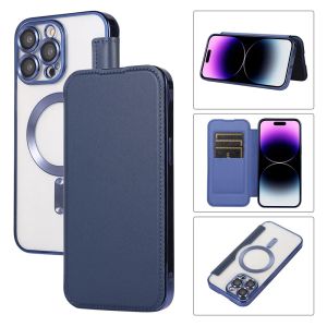 Para Magsafe Magnetic Leather Flip Wallet Case para iPhone 15 14 Plus 12 13 Pro Max Slots de Cartão Clear TPU macio Tampa de ímã de revestimento com lente Protetor