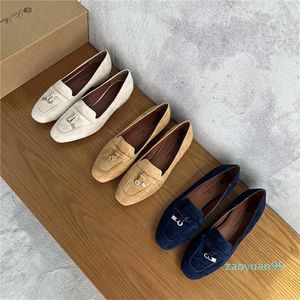 Loro Pianas LP Slip-On Sheep Kvinnor Slip on Leather Frosted Tassel Charm Round Head Flat Bottom Gallow Mouth Casual Shoes