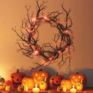 Flores decorativas grinaldas grinalda de halloween simulação ramo preto com luz led vermelho 42cm para portas flor guirlanda decoração 231205