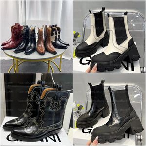 Kvinnor Cleated Mid Chelsea Boots Luxury Gannileather Calfskin broderade Western Boots Designer Fashion Cowboy High Ankle Boots