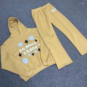 Kvinnors hoodies högkvalitativa trasiga planet spårar hiphop streetwear gula tröjor sätter lösa dagliga herrkläder