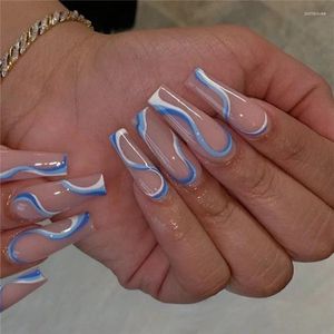 False Nails 24Pcs/Set French Super Long Ballet Fake Art Coffin Blue White Wave Lines Acrylic Press On Fingernails Tips